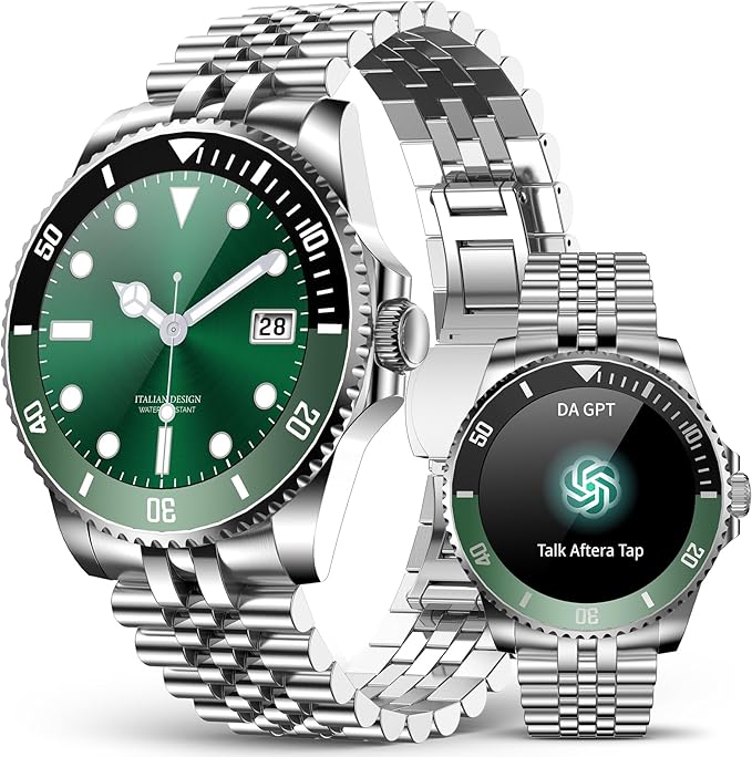 AI Smart Watch, DA GPT AI Waterproof Smartwatch, 1.19-inch AMOLED Display, 24/7 Heart Rate, Blood Oxygen, Blood Pressure, Sleep Monitor, 107 Sports Modes, Compatible Android and iOS Silver Green