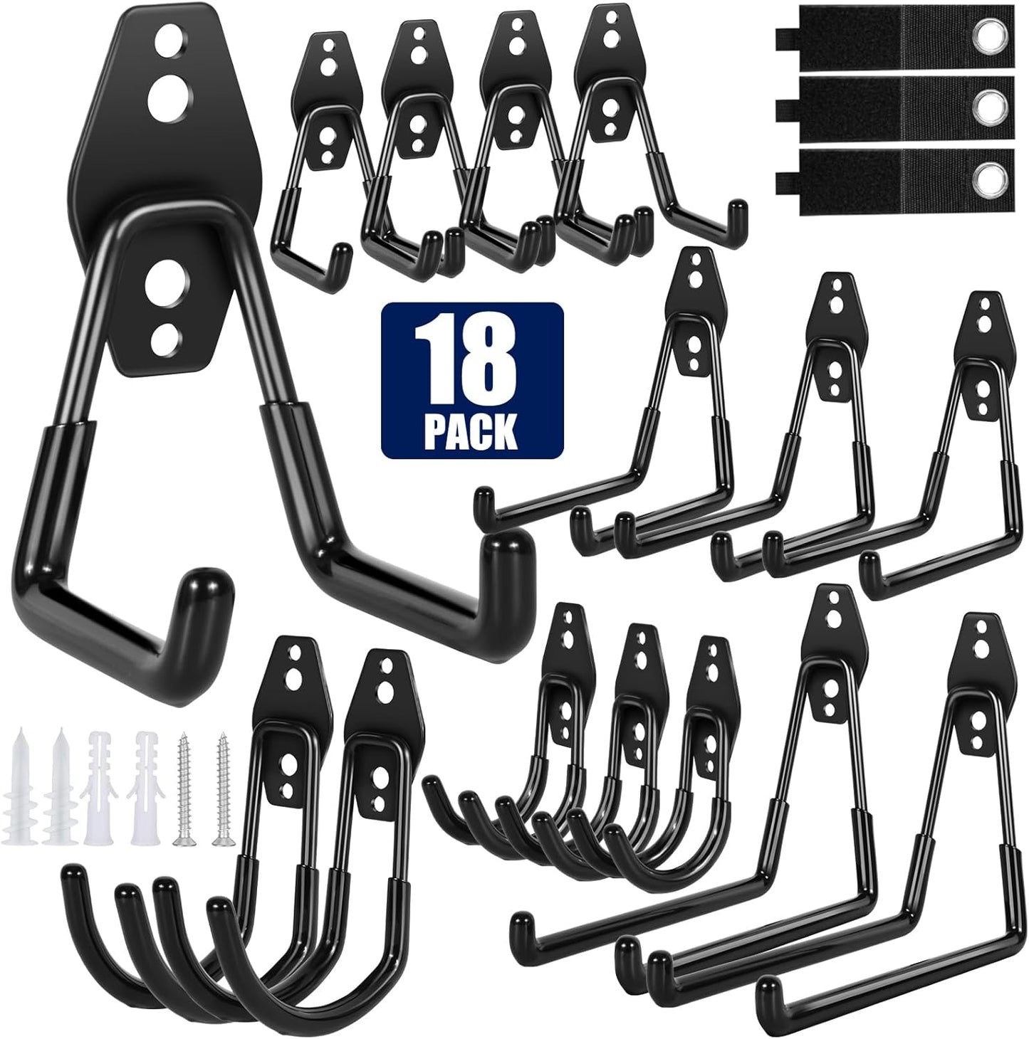 18 Pack Garage Hooks, Anti-Slip Coating, Hooks for Hanging Heavy Duty for Garages, Bicycles, Ladders, Gardening, Tools, Including 3 Organizing Straps