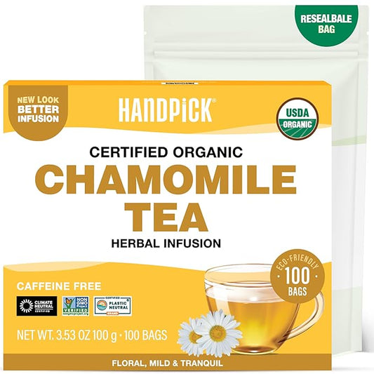 HANDPICK, Organic Chamomile Tea Bags (100 Herbal Tea Bags) Caffeine Free| Premium Floral Chamomile Herbal Tea in Eco-Conscious Teabags | Direct from Source