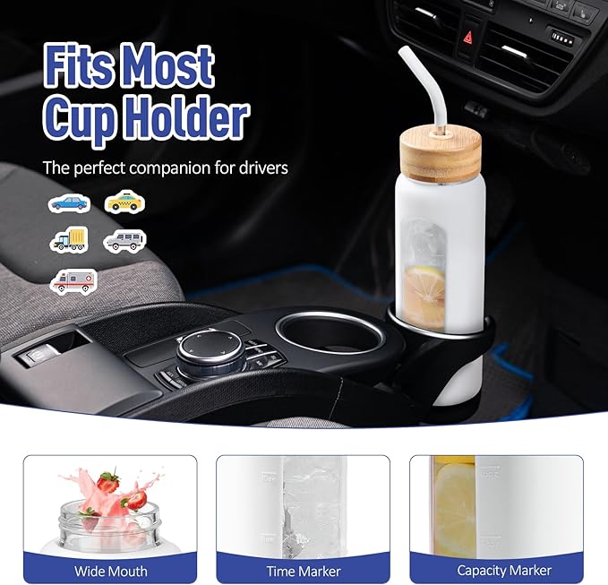 Kodrine Water Bottle with Straw, 24 oz Glass water Bottle with 2 Lids Bamboo Straw Lid and Spout Lid with Handle, 32 oz Clear Water Bottle Glass for Sports Travel, Waterbottle with Time Marker