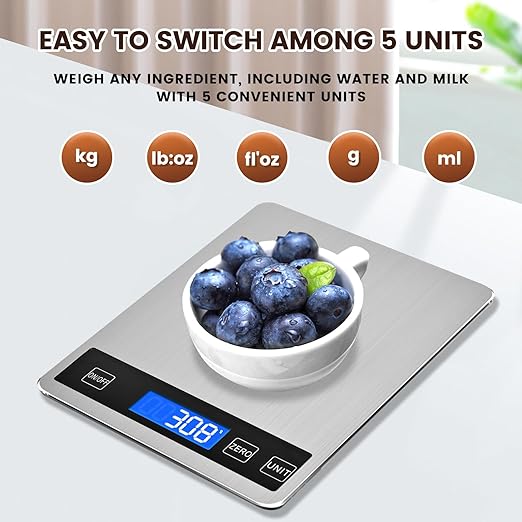 33lb Food Scale, Digital Kitchen Scale Batteries and USB Charging,1g/0.05oz Precise Graduation, Waterproof Stainless Steel with LCD Display Weight Grams and oz for Cooking Baking (Stainless Steel)