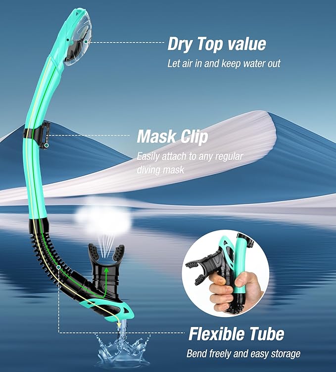 Aegend Dry Snorkel, Dive Mask Easy-Breath Free Diving Snorkel for Snorkeling Scuba Diving Freediving Swimming, with Top Dry Valve and Food-Grade Silicone Mouthpiece