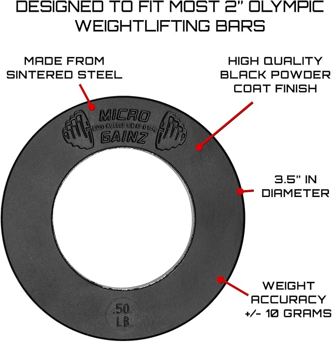 Micro Gainz Calibrated Fractional Weight Plate Set of 2 Plates, Choose Set (.25LB-1.25LB), Designed for Olympic Barbells for Strength Training & Micro Loading Bar Weights, Made in USA