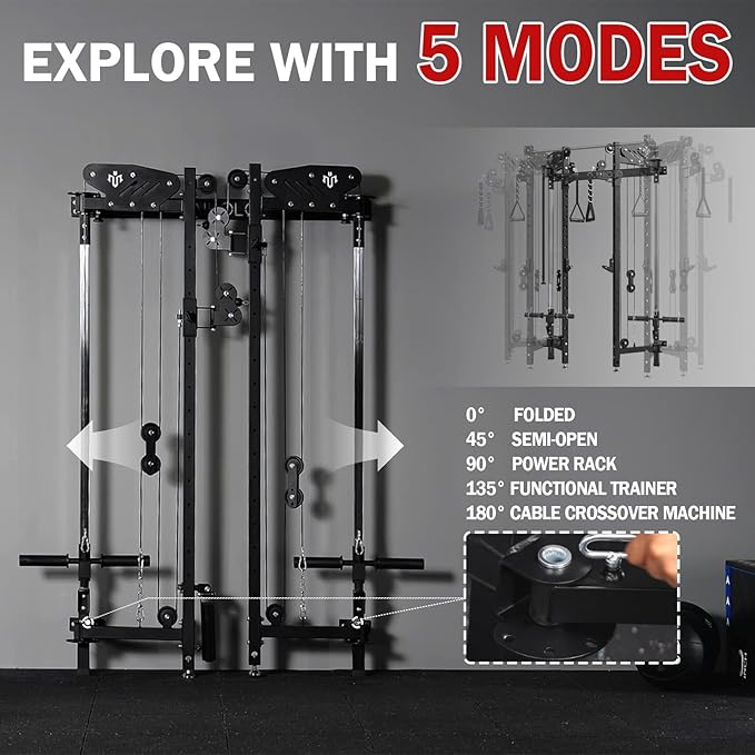 Mikolo Folding Squat Rack, Wall Mounted Power Rack with Cable Crossover Machine & LAT Pull Down, Functional Trainer with 5 Adjustable Function Modes, for Home Gym and Space Saving