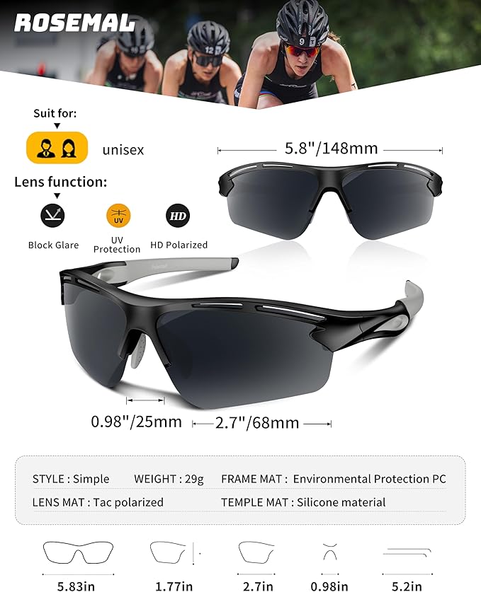 Polarized Sports Sunglasses for Men Women,UV400 Protection Sunglass for Running Cycling Fishing Hiking TR90
