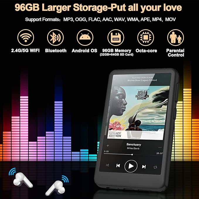 96GB MP3 Player with Bluetooth and WiFi, 4.1" Touch Screen, Silicone Protective case, Octa-core, MP4 MP3 Player for Spotify, Pandora, 96GB Storage Up to 1Tb, Android Music Player for Parental Control
