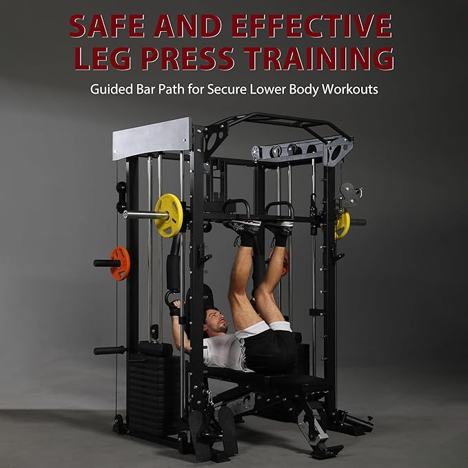 Smith Machine with Chest Fly & Leg Press, All-in-One Home Gym Power Cage with Weight Stack, Bench and Full Accessory Kit for Total Body Strength Training for Beginners