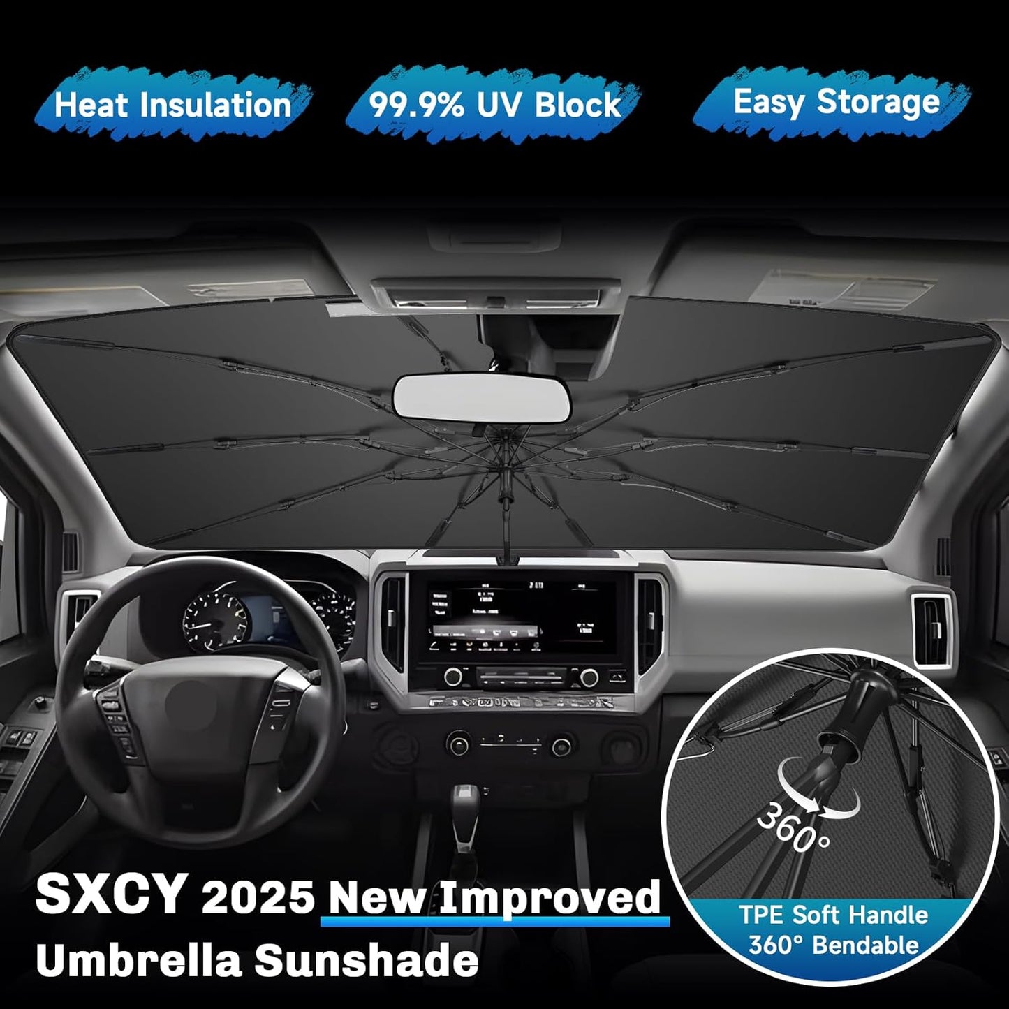 SXCY for 2022-2024 2025 Nissan Frontier Windshield Umbrella Sunshade [Easier Foldable] for 2025 Nissan Frontier Accessories 2025 Frontier Sunshade Umbrella 2025 Frontier Windshield Sun Shade Umbrella