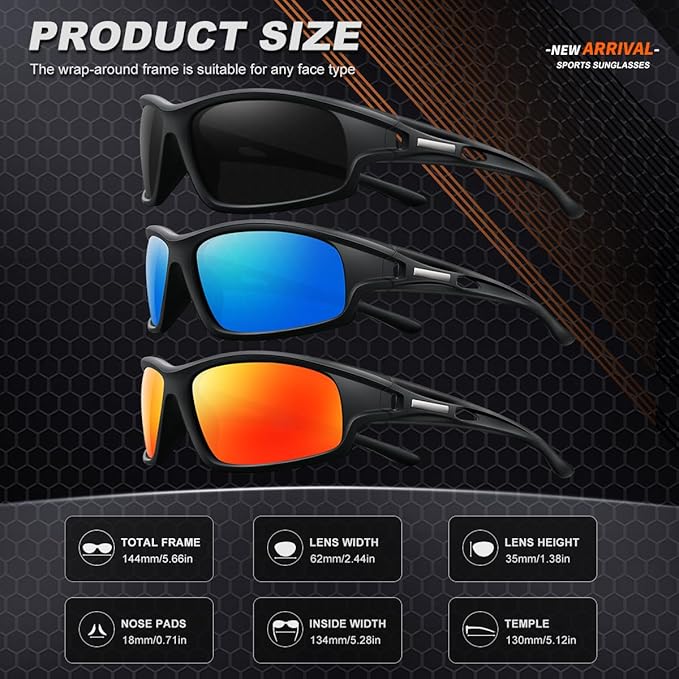 3PACK Polarized Sports Sunglasses for Men Driving Golf Fishing Running Sun Glasses UV400 Protection