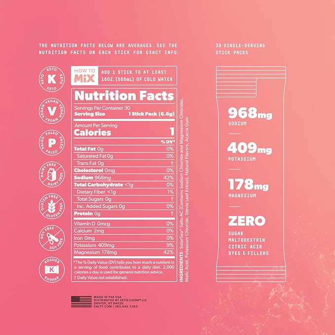 Keto Chow SALTT Electrolytes Powder Packets, Fruit Variety Pack (30 Packets) - Magnesium, Potassium, Sodium, Trace Minerals - Vegan, Sugar Free, Gluten Free - Travel Essentials - Made in USA