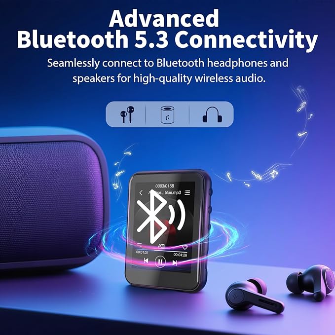 64GB MP3 Player with Bluetooth 5.3, QNGEE 2.4 inch Full Touchscreen Music MP3 for Kids, FM Radio, Voice Recorder, HiFi Sound, E-Book, Earphones Included