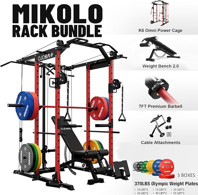 Mikolo Power Cage, Power Rack with Cable Crossover System, 1500LBS Squat Rack with LAT Pull Down System, Workout Cage with Pulley System for Fitness Home Gym