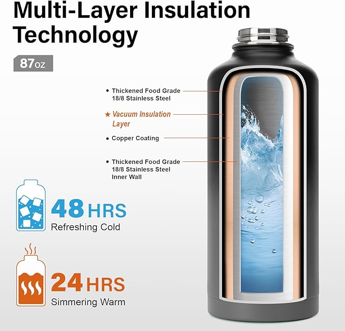 Insulated Water Bottle | Thickened Stainless Steel for Gym and Hiking with Straw, Carrier Bag, Handle Strap | BPA-Free 87 oz