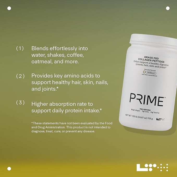LTH Prime Collagen Peptides - Trusted by Life Time Fitness Members - Collagen Powder for Digestive Health - Supports Healthy Joints, Hair & Skin - from Grass-Fed Cows - Vanilla - 30 Servings