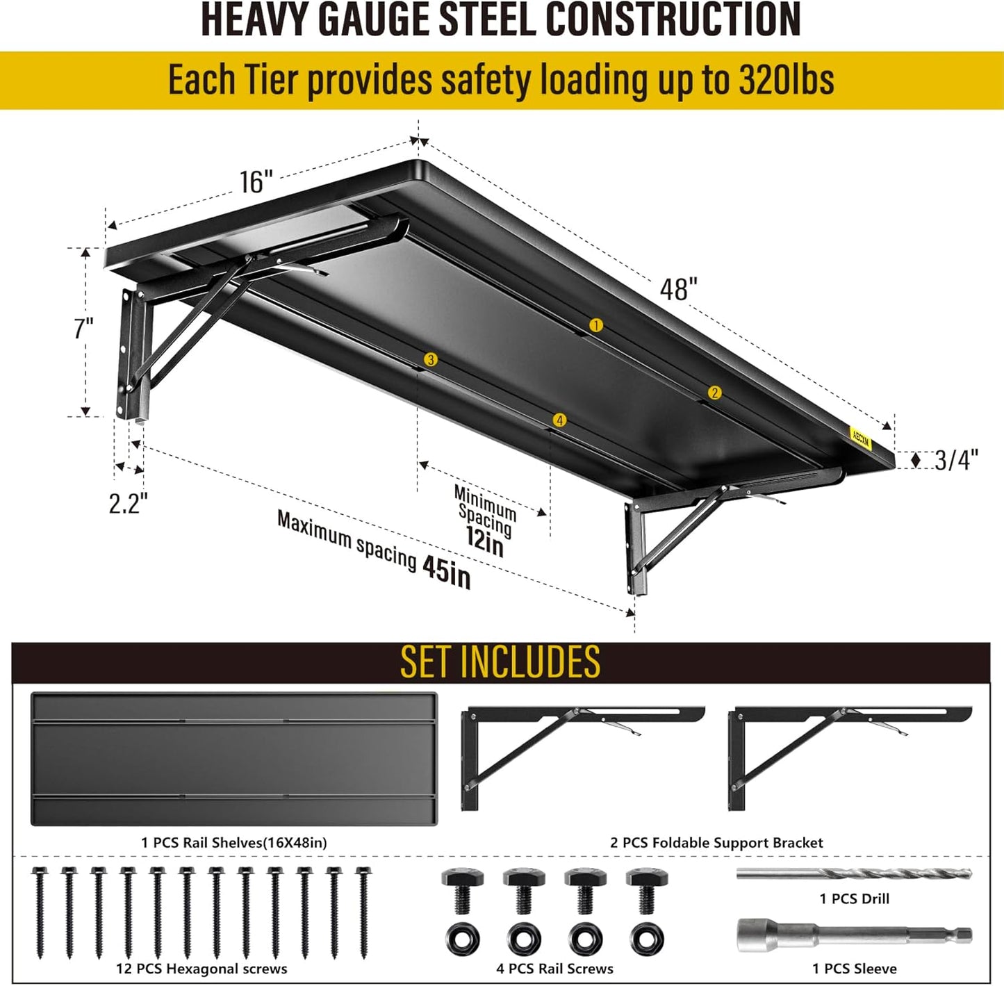 1.3x4ft Adjustable Rail Type Folding Storage Rack Shelf, Suitable for Garage, Storage Room, Kitchens Wall Shelf,Garage Storage Rack Floating Shelves, Wall Mounted Folding Table(1pcs-Black)