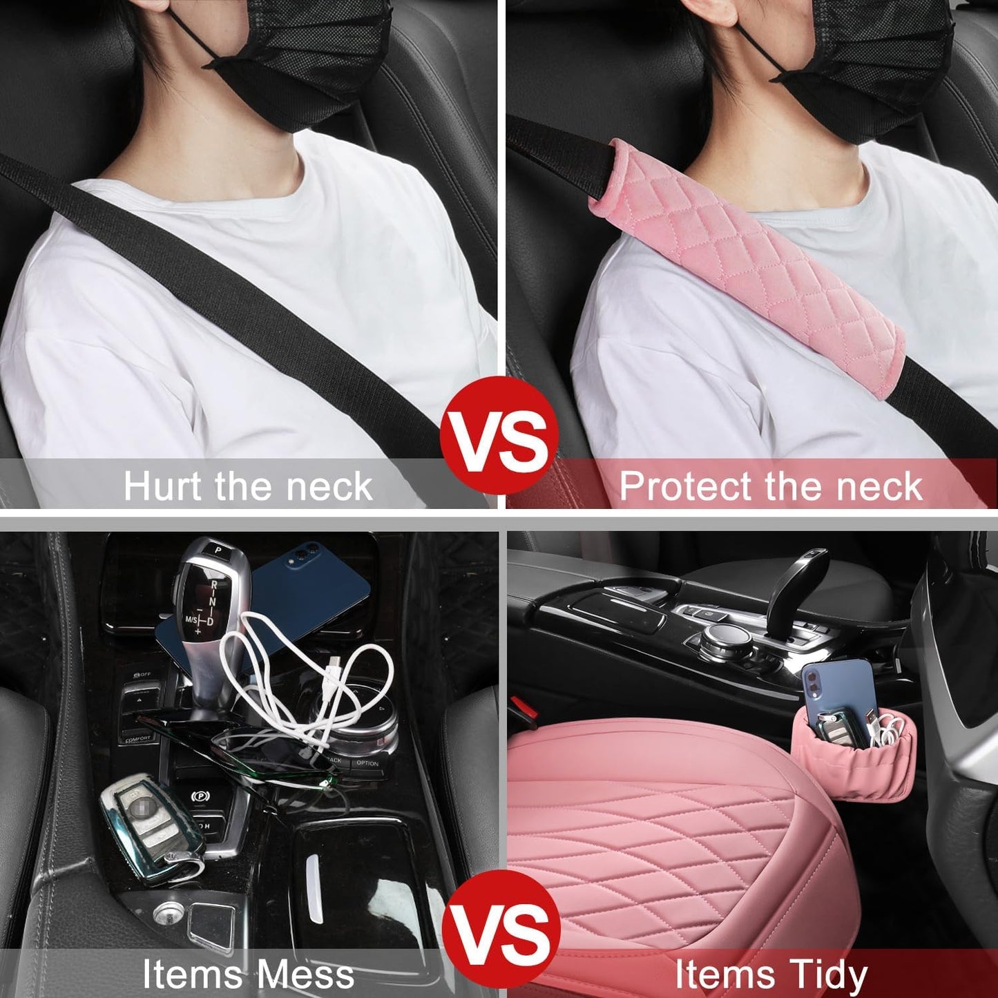 1 Pack Leather Front Car Seat Cover, Universal Sideless Car Seat Protector with Storage Pocket and Seat Belt Pad, Waterproof Automotive Seat Cover Cars Trucks SUV(Pink)