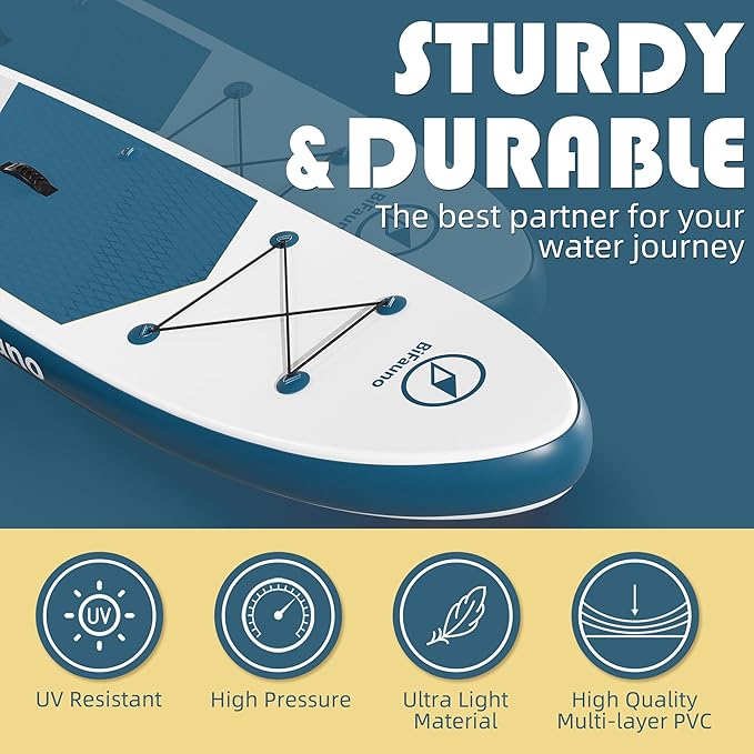 Inflatable Stand Up Paddle Board with SUP Accessories & Backpack. Paddle Boards for Adults. Non-Slip Deck, Wide Stance, Bottom Fin, Double Action Pump.