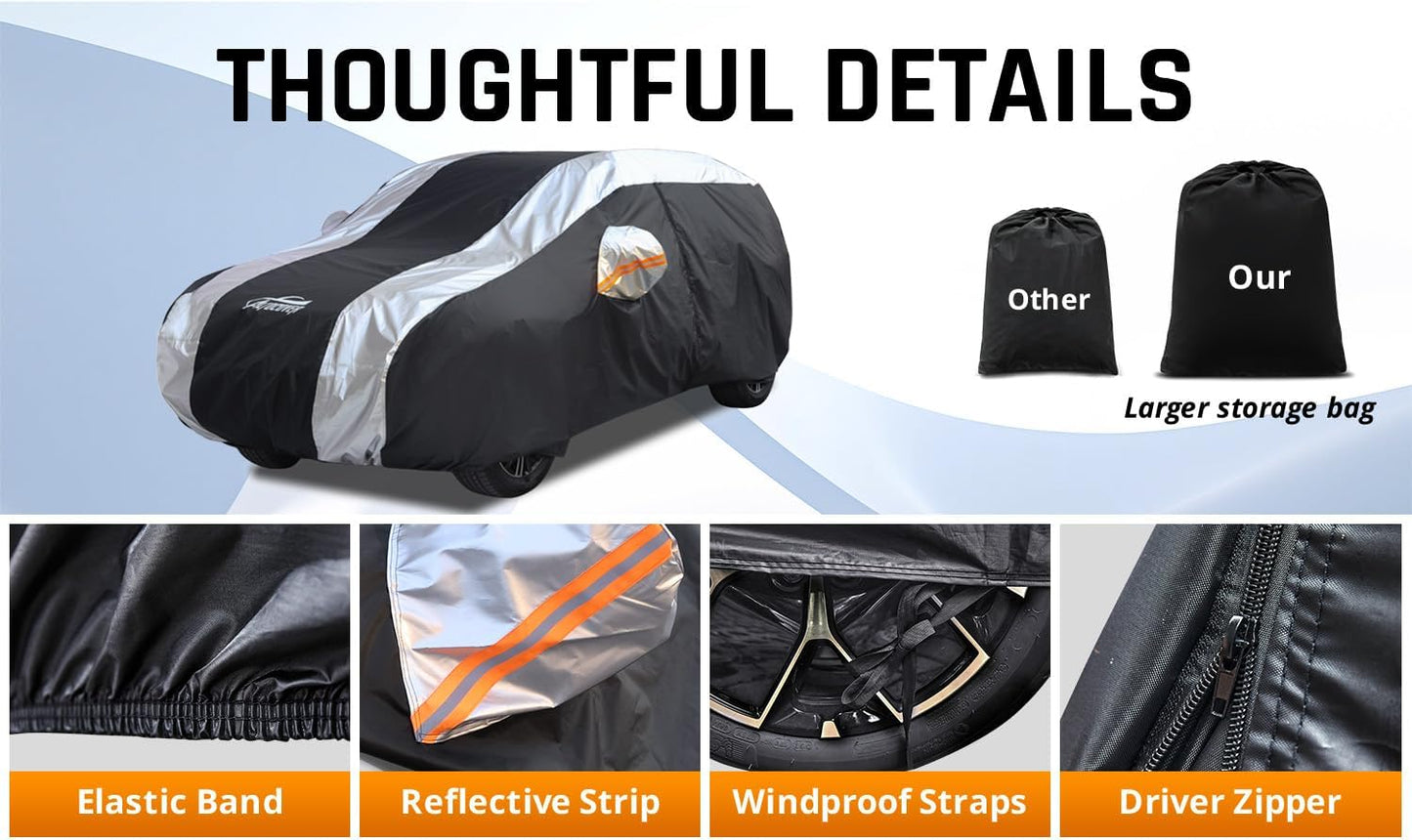 SUV Car Cover Waterproof All Weather Protection with Silver Stripe Design,Universal Fit Toyota RAV4, Honda CRV, Tesla Model Y, Audi Q5, Nissan Rogue, Mazda CX-5, Kia Sorento,Hyundai Sante Fe