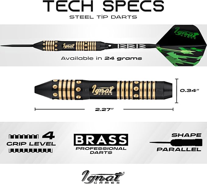IgnatGames Premium Steel Tip Darts – 3/6/12 Pack Brass Barrels with Aluminum Shafts, 16 GlideXPro Flight Set, Tool Kit & Giftable Case
