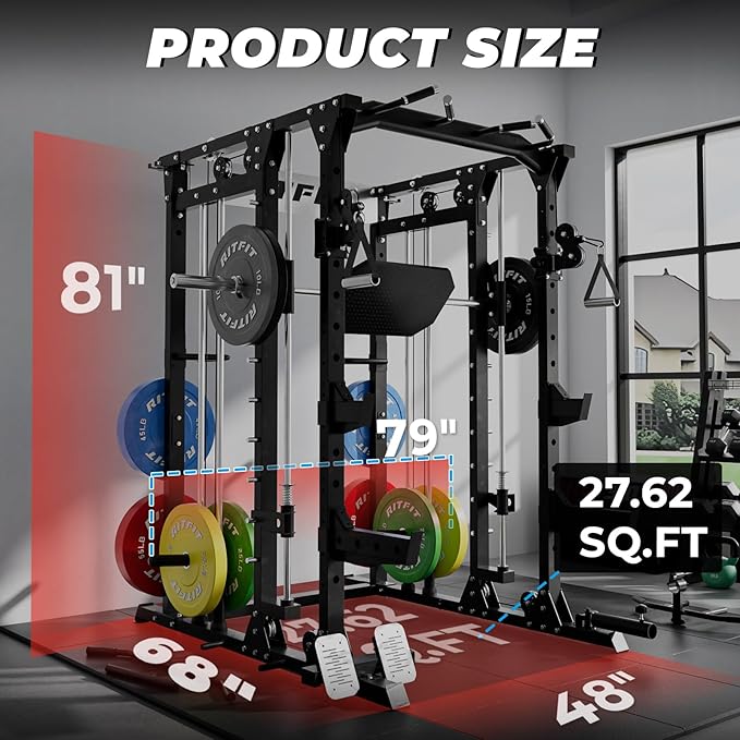 RitFit Smith Machine Power Cage with LAT Pulldown & Cable Crossover, All-in-One Power Rack Home Gym System with Leg Press Attachment & Accessories