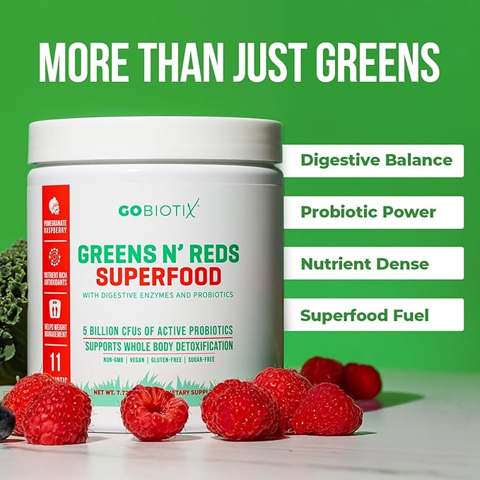 GOBIOTIX Super Greens and Reds Powder - Red and Green Superfood - Probiotic Supplement - Digestive Enzymes and Beet Root Powder - Organic Whole Foods Dietary Supplement (Pom Raspberry, 2 Pack)