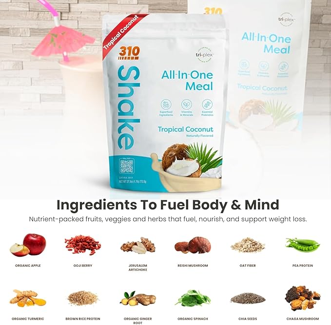 310 Nutrition All-In-One Meal Replacement Shake Powder - Plant-Based Protein Smoothie Blend w/High Fiber, Probiotics & Adaptogens - Low Carb, Vegan, Keto & Paleo Friendly - Tropical Coconut - 28 Srv