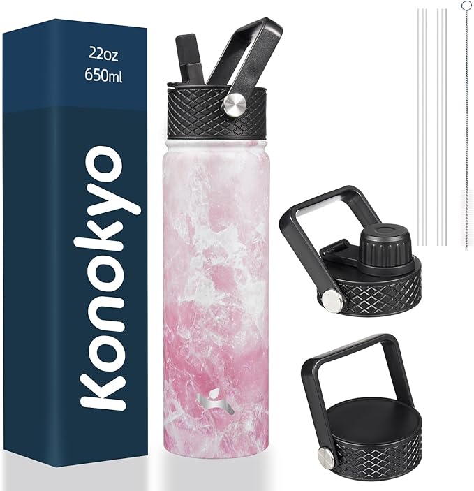 22oz Stainless Steel Bottles with 3 Lids Sport Insulated Water Bottle,Marble Blossom