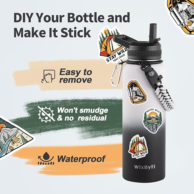 40 oz Insulated Water Bottle with Straw (Cold for 48 Hrs), Stainless Steel Triple Wall Vacuum Sports Water Jug, Leakproof Hydro Cup Flask with Paracord Handle & Straw Spout Lids & DIY Stickers