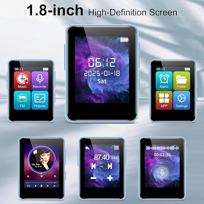 32GB MP3 Player with Bluetooth, 1.8 inch Screen, with FM Radio, Recorder, Portable Sport HiFi Music Player Up to 512GB, Blue