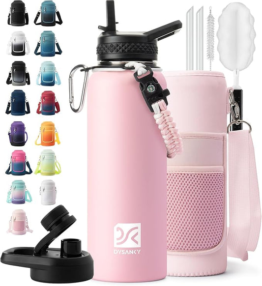 Insulated Water Bottle | Thickened Stainless Steel Vacuum Metal | Portable Sports Water Jug for Gym and Hiking with Straw, Carrier Bag, Handle Strap | BPA-Free 40 oz, Pink