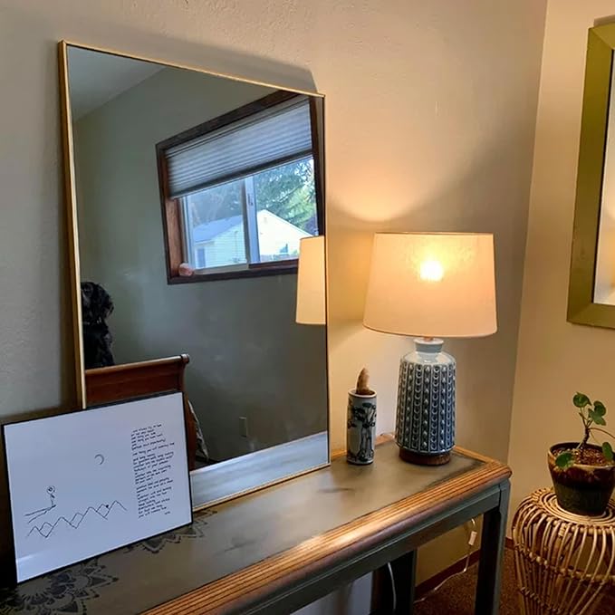 30x30 Inch Orange Gold Bathroom Mirror for Wall, Aluminum Frame Rectangle Rectangular Vanity Mirror, Modern Large for Bedroom, Living Room, Horizontal or Vertical