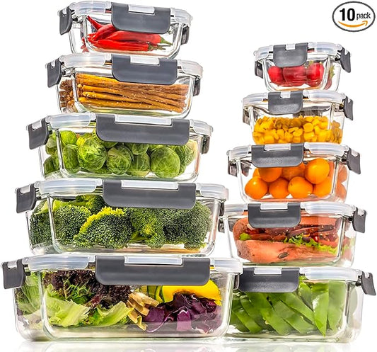 Glass Food Storage Containers with Lids Airtight, Glass Meal Prep Containers for Lunch, Glass Container Set, BPA Free（20 Pieces）