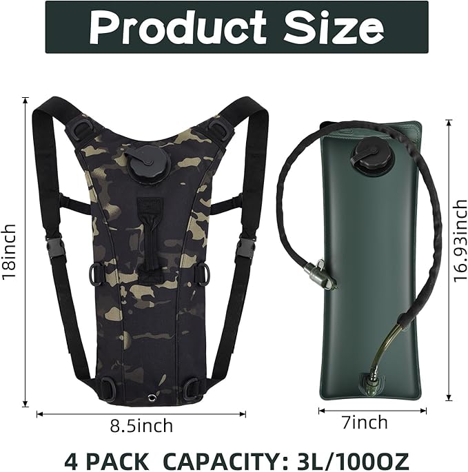 4 Pack Tactical Hydration Backpack with 3L Water Bladder Military Daypack Water Backpack Lightweight Hydration Back Pack for Running Cycling Climbing Hiking for Men Women