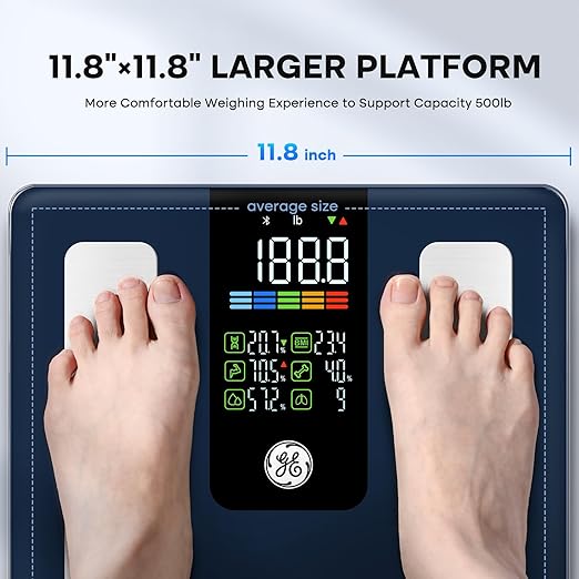 GE Scale for Body Weight Smart: Digital Bathroom Body Fat Scales 500lbs for BMI Muscle Bluetooth Smart Weight Monitor 11.8" Large Platform Weighing Machine Health Analyzer with App Dark Blue