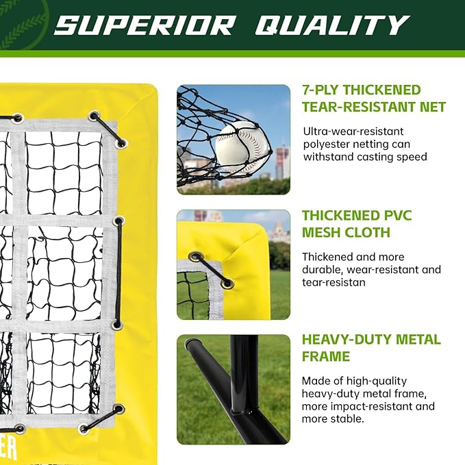 9 Hole Pitching Net, Heavy-Duty Baseball Net with Strike Zone for Pitching and Hitting, Height Adjustable Training Equipment with 9 Pocket Pitching Target for Baseball & Softball Practice