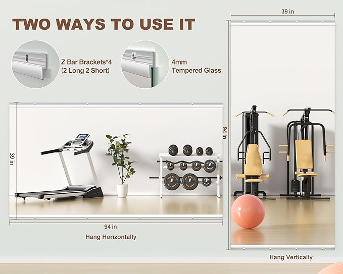 Hasipu Home Gym Mirror 95" L x 39" W - 1PC Large Full Body Mirror for Yoga, Wall-Mounted Mirrors for Fitness, Garage, Dance Studio, 0.16in Tempered Glass Frameless