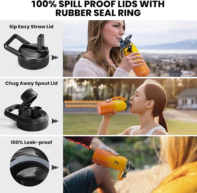 Insulated Water Bottle 32 oz, Triple Wall Vacuum Stainless Steel (Cold for 48 Hrs), Leak Proof & Non-BPA, Modern Water Flask Jug with Paracord Handle & Straw Spout Lids, Ombre Orange