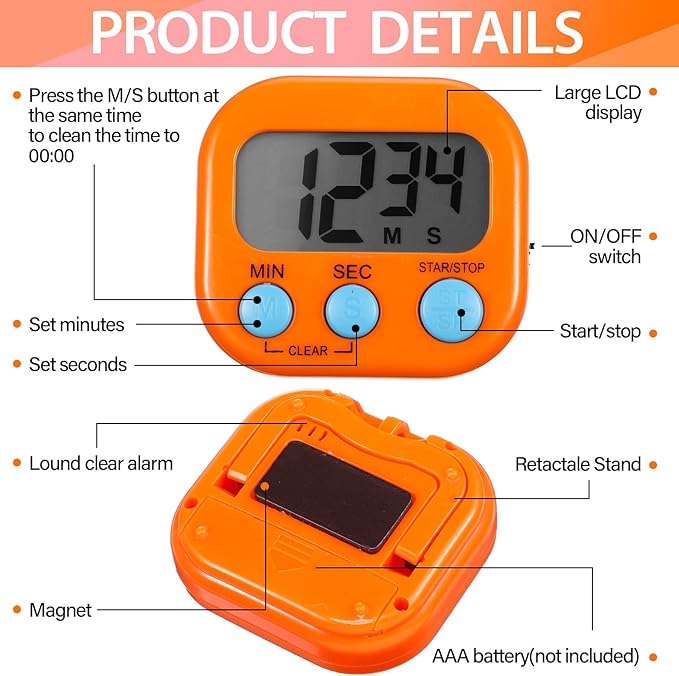 24 Pieces Digital Kitchen Timer Magnetic Timers for Classroom Bulk On/Off Switch Minute Second Count up Countdown Big LCD Display Loud Alarm for Exercise Cook Baking Teacher Kids(Pink, Orange)