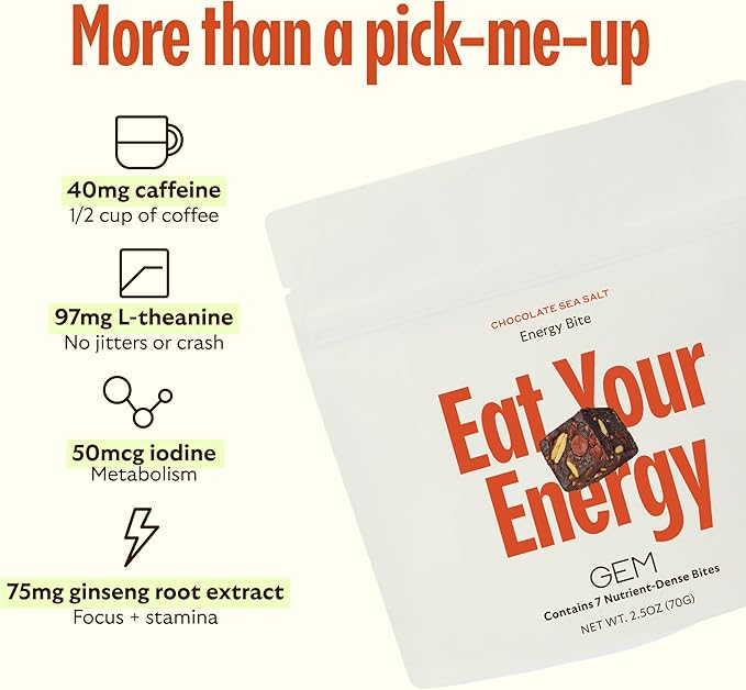 GEM Energy Caffeinated Bite, 40mg Caffeine, Ginseng Root, L-Theanine, Holistic Sustained Energy, Supports Metabolism, Stanima & Endurance | Chocolate Cacao Sea Salt | 28 Servings