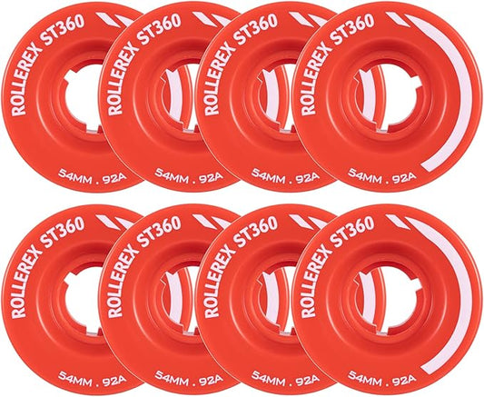 Rollerex ST360 92A Roller Skate Wheels (8-Pack) (Color Options) - Indoor Outdoor - Use for Quad Skate Wheel Replacement (Rocket Red)
