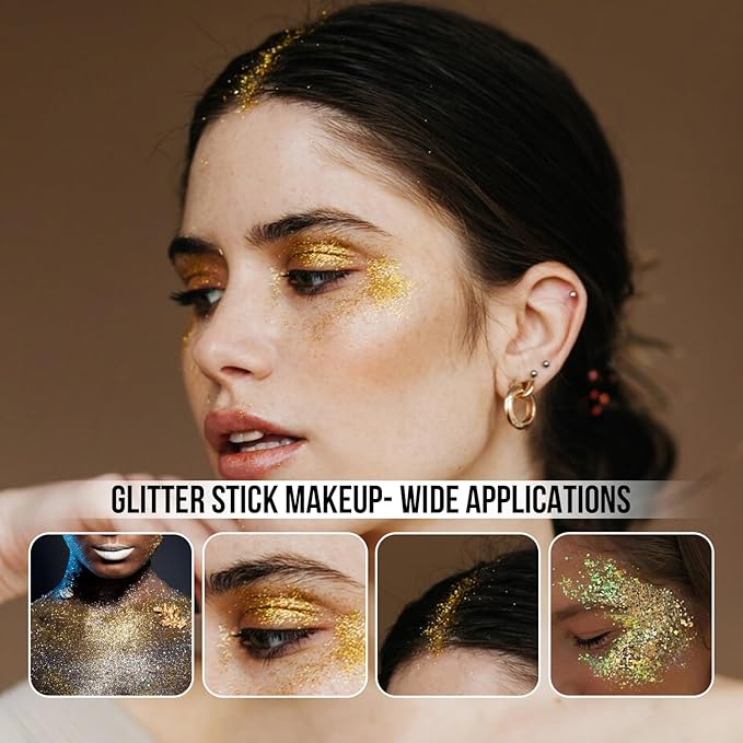 Brzeaf Waterproof Gold Glitter Stick, Face Glitter Makeup, Shimmery & Long Lasting, Chunky Glitter for Face/Body/Hair/Eyes/Lip, Singer Concert Music Halloween Christmas Rave Festival