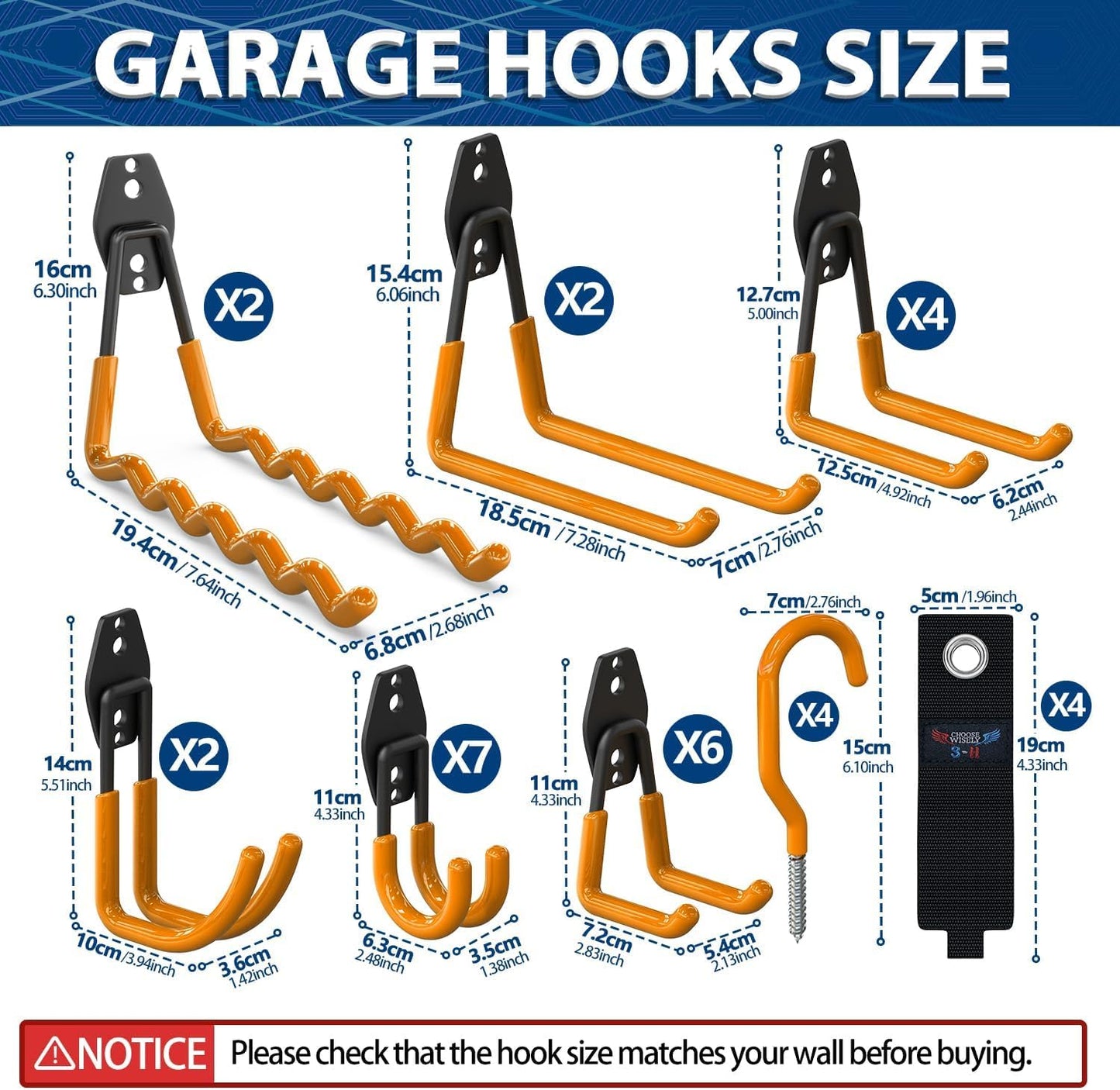 3-H Garage Wall Hooks 62 Pack, Heavy Duty Garage Hooks with Extra Welding Spots, Wall Mount Storage Organizer for Hanging Garden Lawn Tools, Ladder, Bike, WeedEater, Chair, Shovel, Blower (Orange)