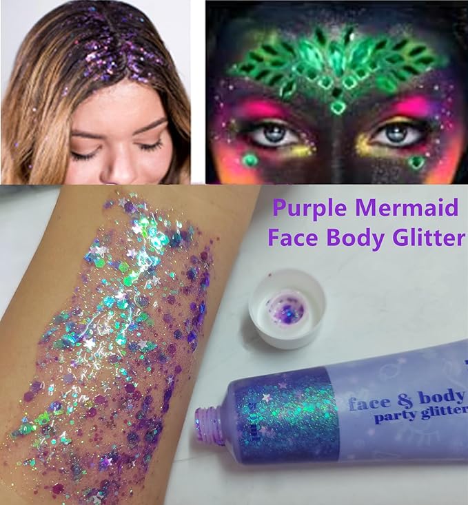 Go Ho Mermaid Purple Face Body Glitter Gel,Mardi Gras Outfit for Women Kids,Holographic Mermaid Chunky Sequins Glitters for Eye Lip Hair Nails,Festival Rave Accessories,52g
