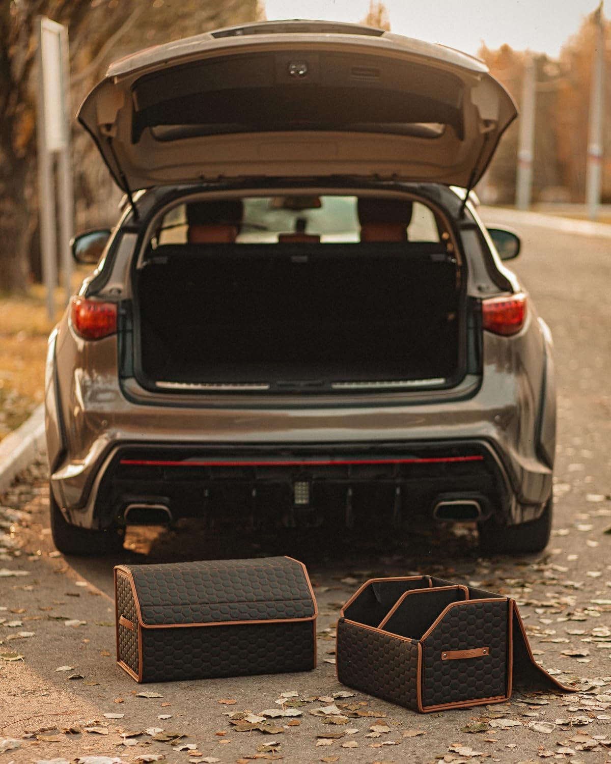 Car Organizers Set SUV Sedan Truck – Foldable Storage Boxes for Auto Accessories, Road Trips, Travel Essentials, Vehicle Organization, Great Gift for Men & Women Drivers – Hexy 17+21 Inch