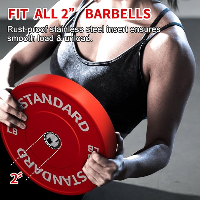 Colorful Olympic Bumper Plates, 2-inch Stainless Steel Insert, Virgin Rubber Weight Plate Set for Barbell Weight Lifting and Strength Training Home Gym