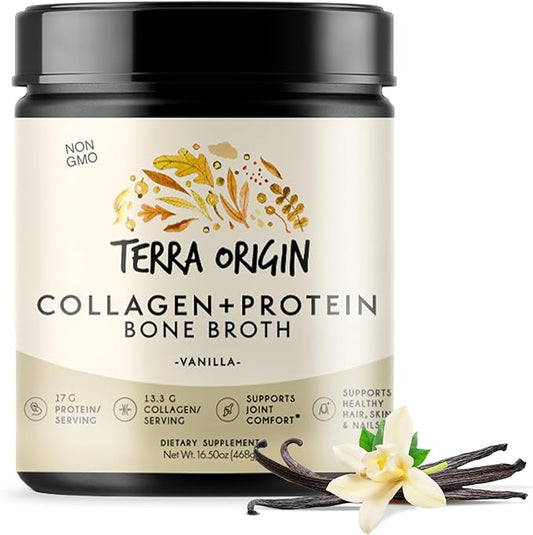TERRA ORIGIN Collagen Peptides Powder | Bone Broth Hydrolized Collagen Type I and III Protein Supplement | for Women and Men Hair, Skin, Nail and Joint Support | Vanilla (20 Servings)
