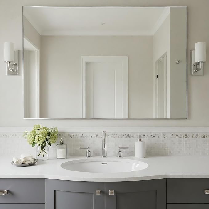 30x40 Inch Nickel Bathroom Mirror for Wall, Aluminum Frame Rectangle Rectangular Vanity Mirror, Modern Large for Bedroom, Living Room, Horizontal or Vertical