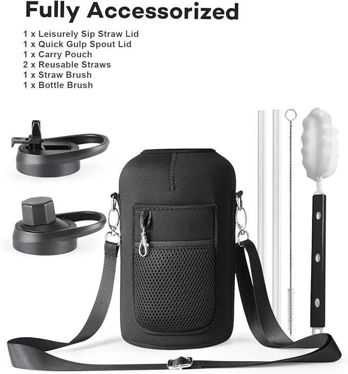 Half Gallon Water Bottle with Straw and Lid, 64 oz Insulated Stainless Steel Jug with Handle,Reusable Metal Travel Flask Mug Cup With Carry Pouch and Brush,Keep Cold & Hot,Black