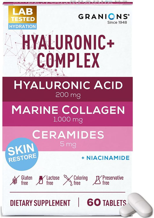 Hyaluronic Acid Supplements 200mg - Marine Collagen Peptides, Vitamin B3 Niacinamide, Ceramides Supplement - Deep Hydration & Anti-Aging Skin Care Complex for Women and Men - 60 Foil Sealed Tablets