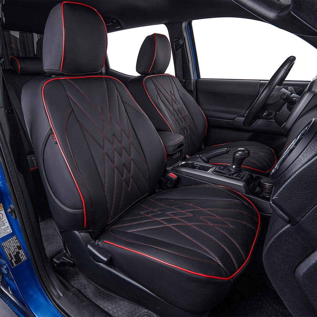 EKR Custom Fit Tacoma Leather Car Seat Covers for Select Toyota Tacoma 2012 2013 2014 2015 (TRD Sport Seats)- Full Set,Leather(Black with Red Trim)